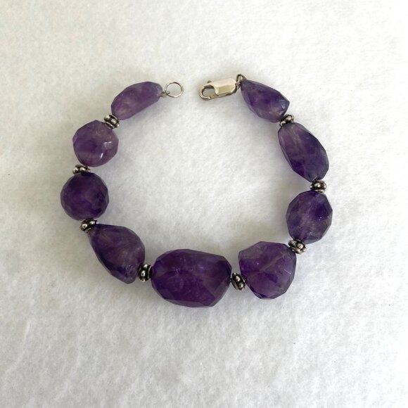 Sterling Silver 925 Faceted Amethyst Chunk Beaded Bracelet 8" Fits 6.75" Wrist - Picture 3 of 16